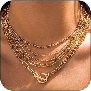 🆕 Women Gold Toggle Clasp Necklace Chunky Punk Layered Choker Simple Jewelry